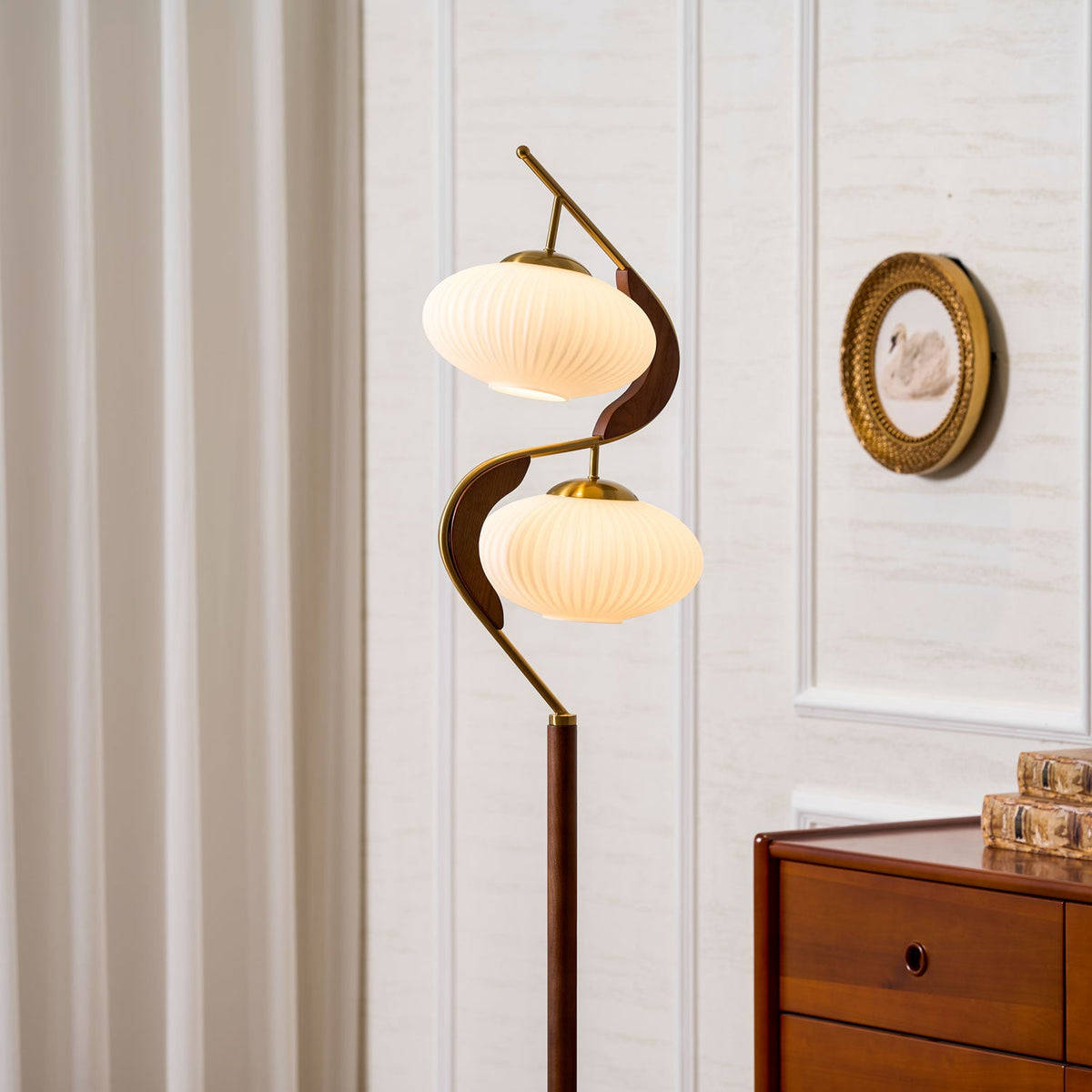 Serenita Double Shade Floor Lamp in Walnut and Gold