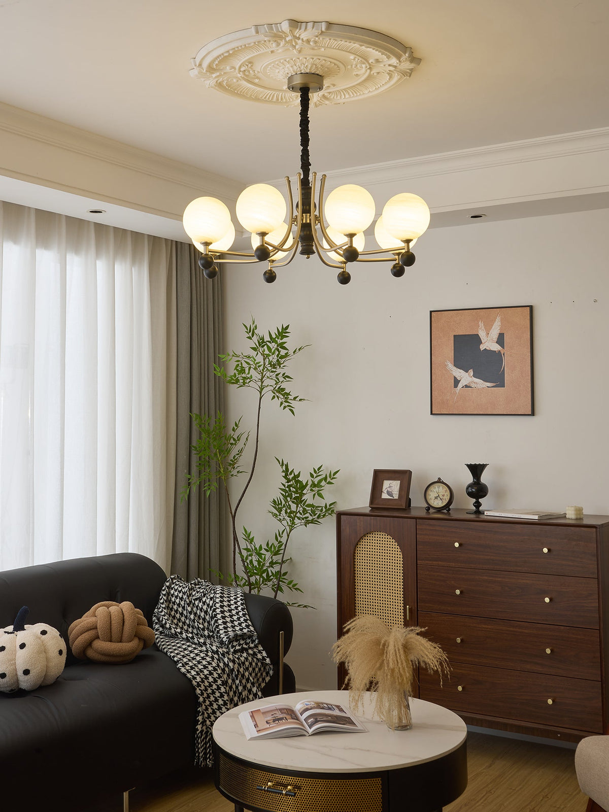 Serenus Sphere Chandelier — Modern Glass, Wood & Iron Pendant Light