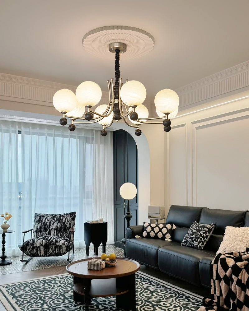 Serenus Sphere Chandelier — Modern Glass, Wood & Iron Pendant Light