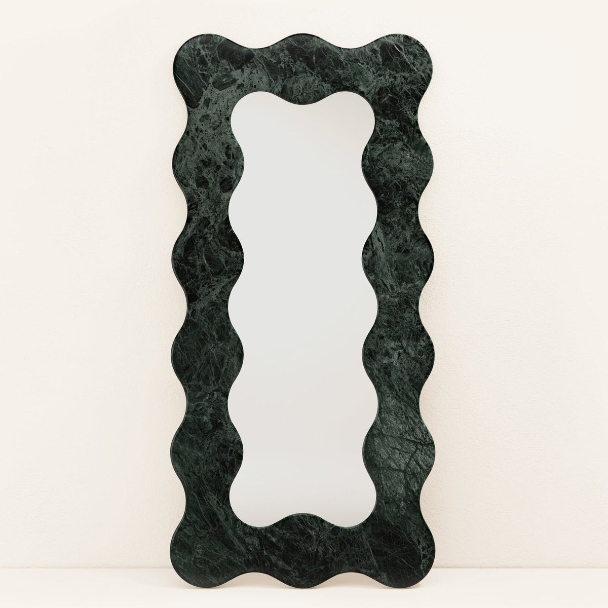Serpentine Vert Marble Mirror Frame — Sculptural Wavy Edge Wall Mirror