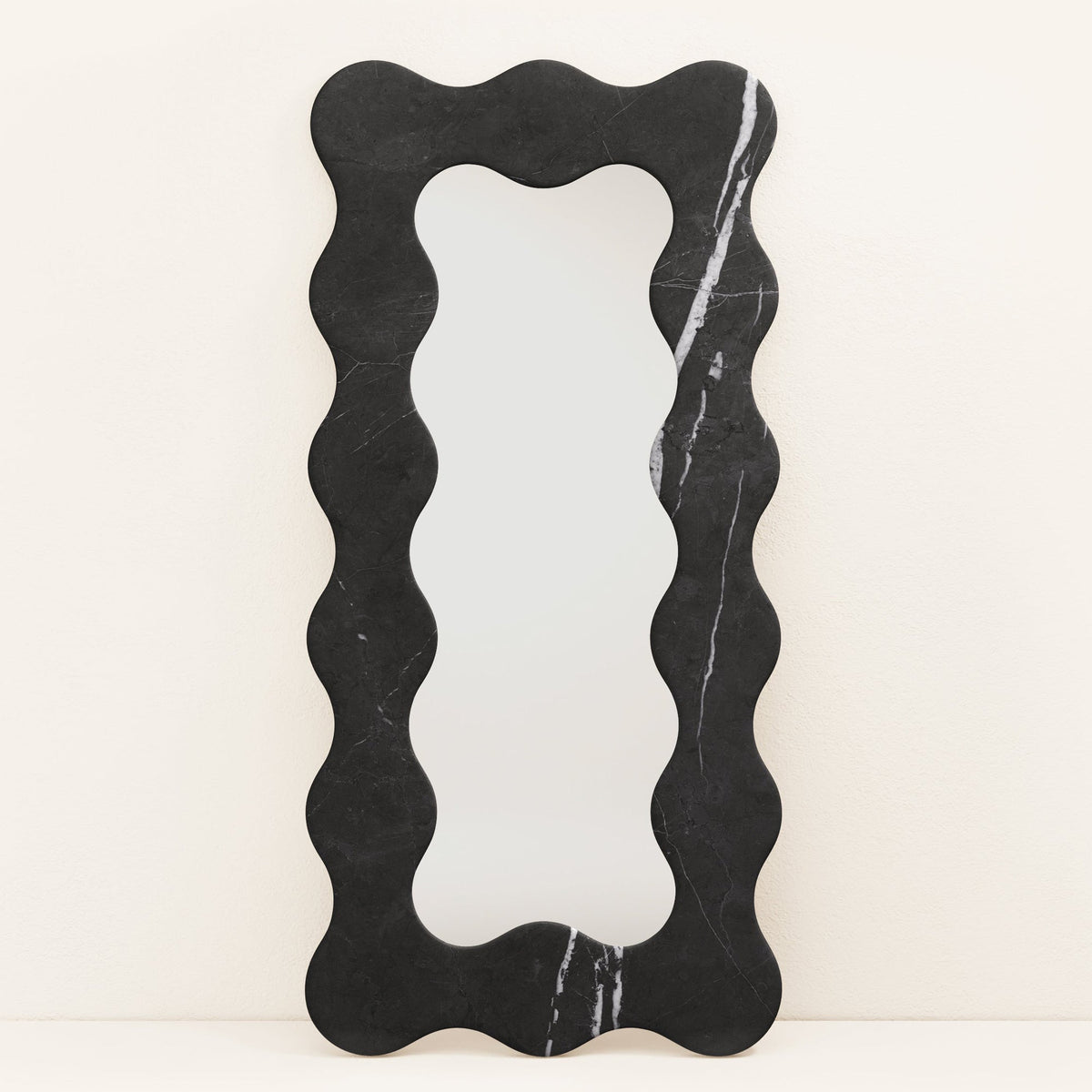 Serpentine Vert Marble Mirror Frame — Sculptural Wavy Edge Wall Mirror