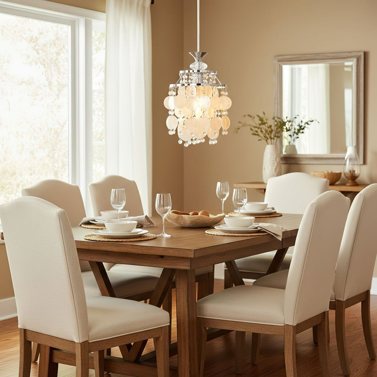 Shell Disc Pendant Light – Iridescent Crystal & Metal Chandelier