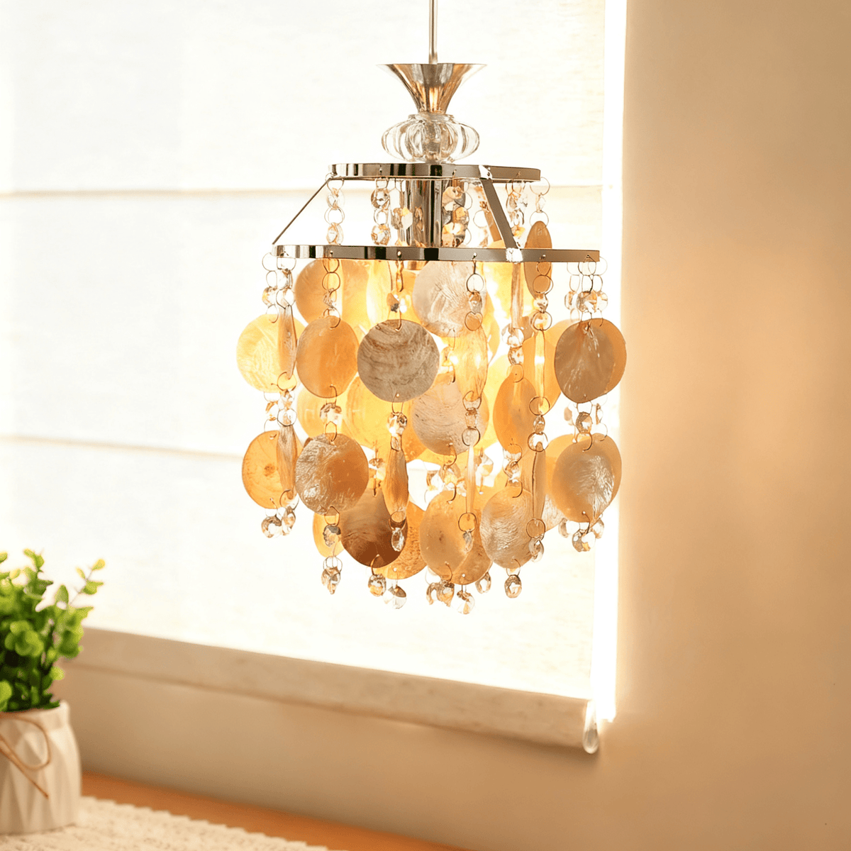 Shell Disc Pendant Light – Iridescent Crystal & Metal Chandelier