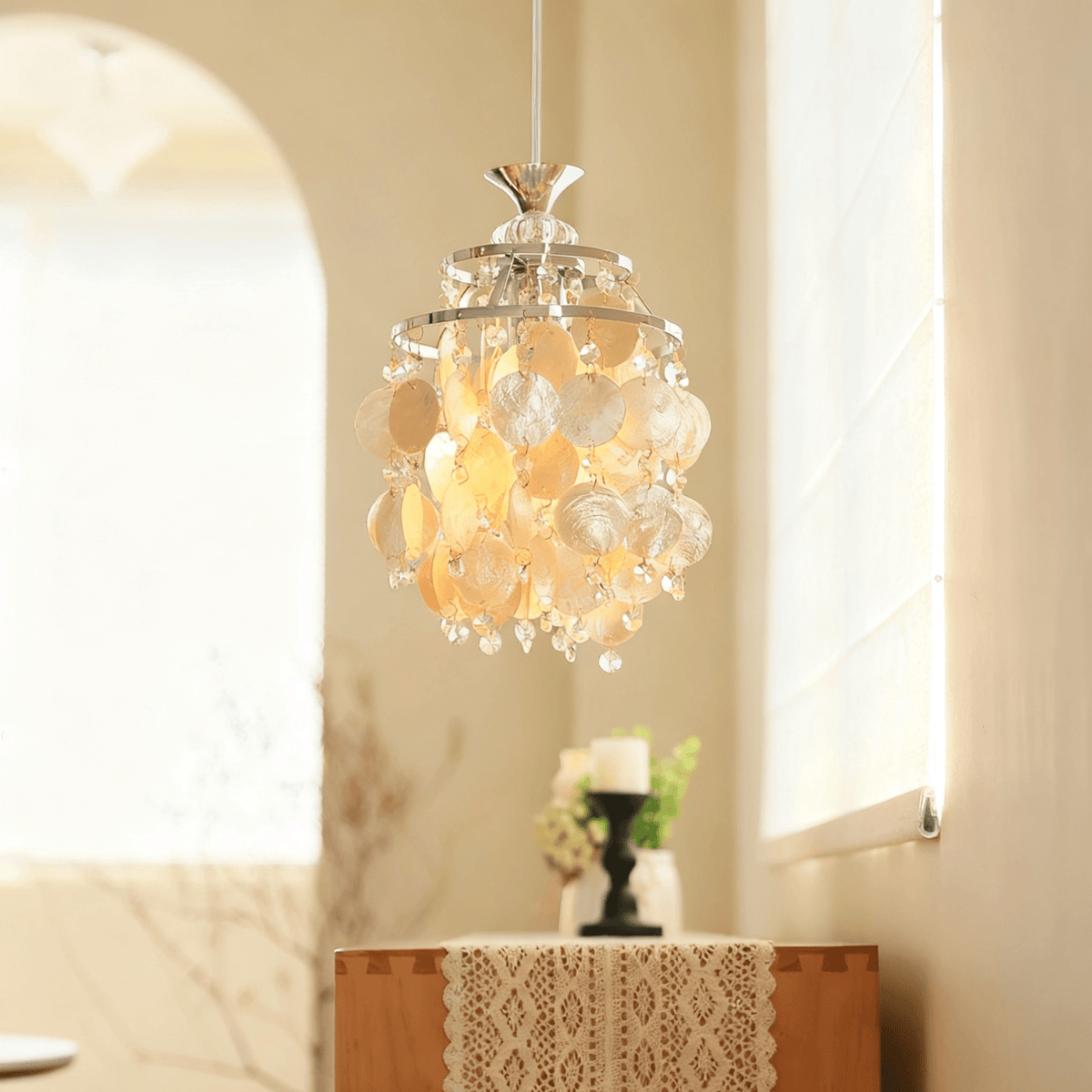 Shell Disc Pendant Light – Iridescent Crystal & Metal Chandelier