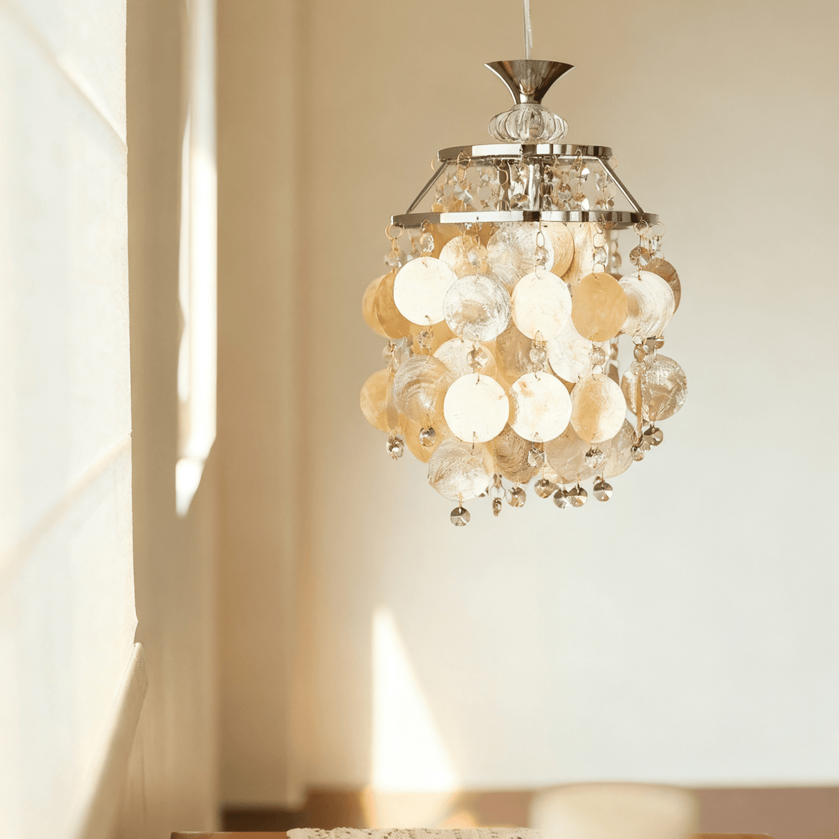 Shell Disc Pendant Light – Iridescent Crystal & Metal Chandelier