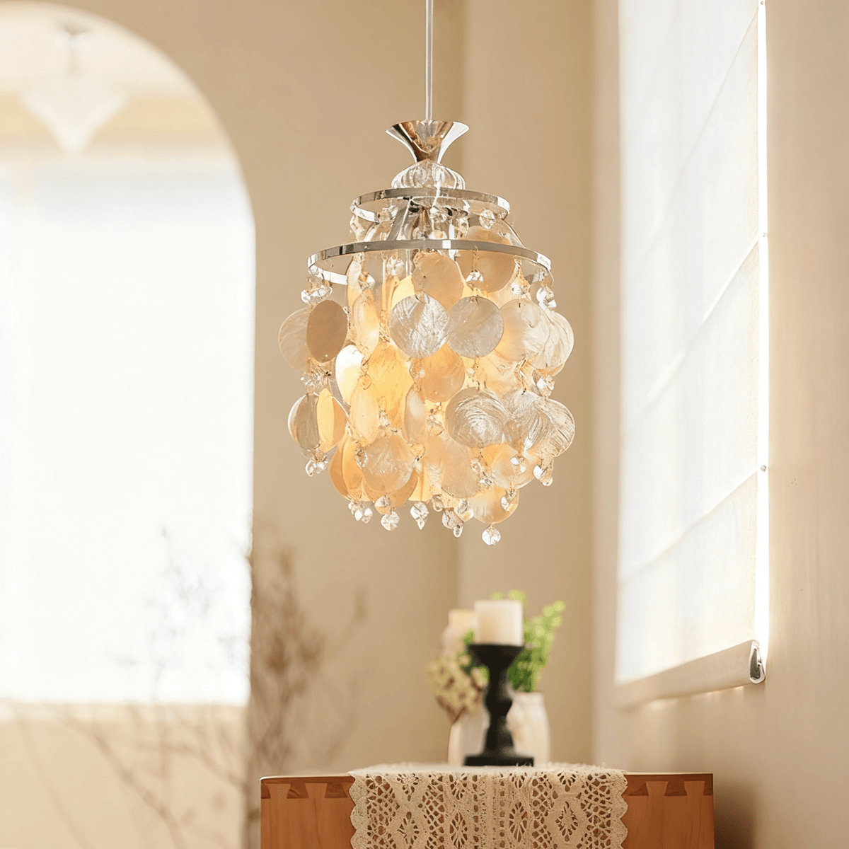 Shell Disc Pendant Light – Iridescent Crystal & Metal Chandelier