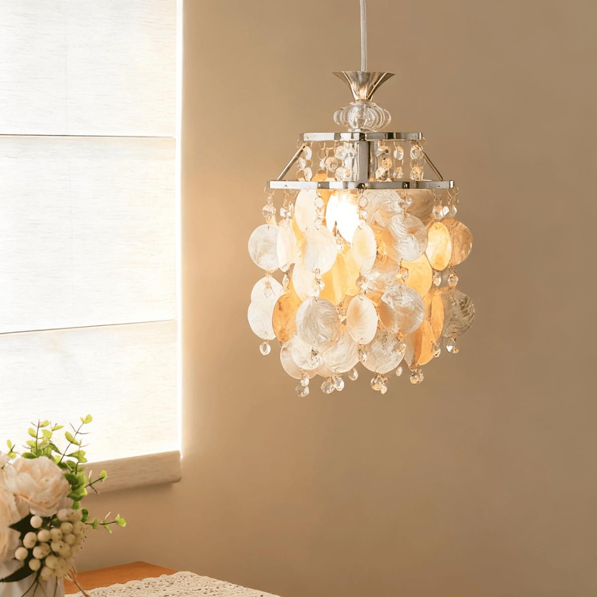 Shell Disc Pendant Light – Iridescent Crystal & Metal Chandelier