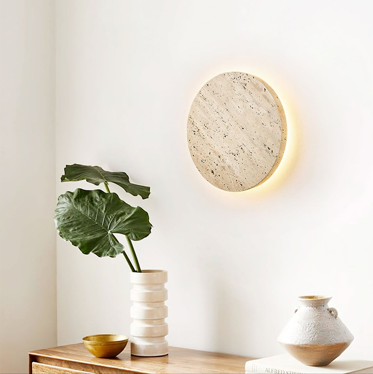 Sculptural Travertine Wall Sconce with Integrated LED
