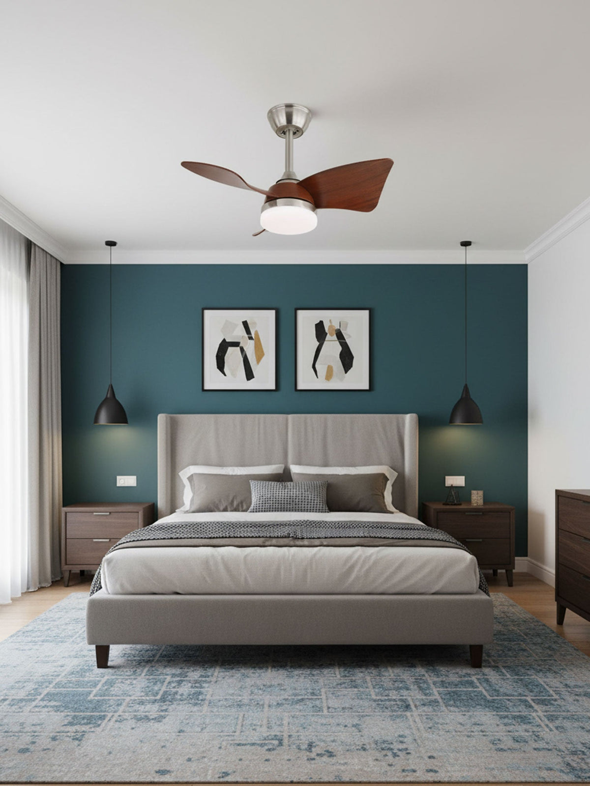 Silven Curve Ceiling Fan Light with LED – Modern Walnut Fan for Living Spaces