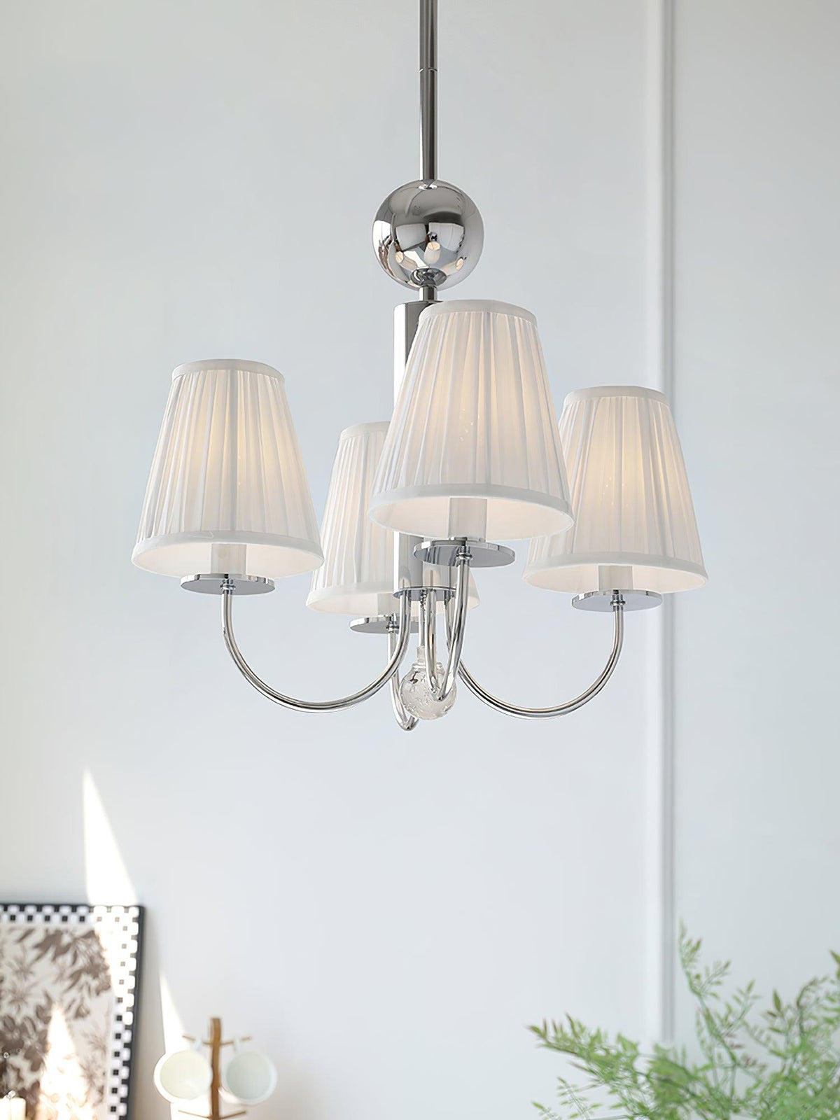 Simplicity Chrome Chandelier – Modern Candelabra Ceiling Light with Pleated Shades