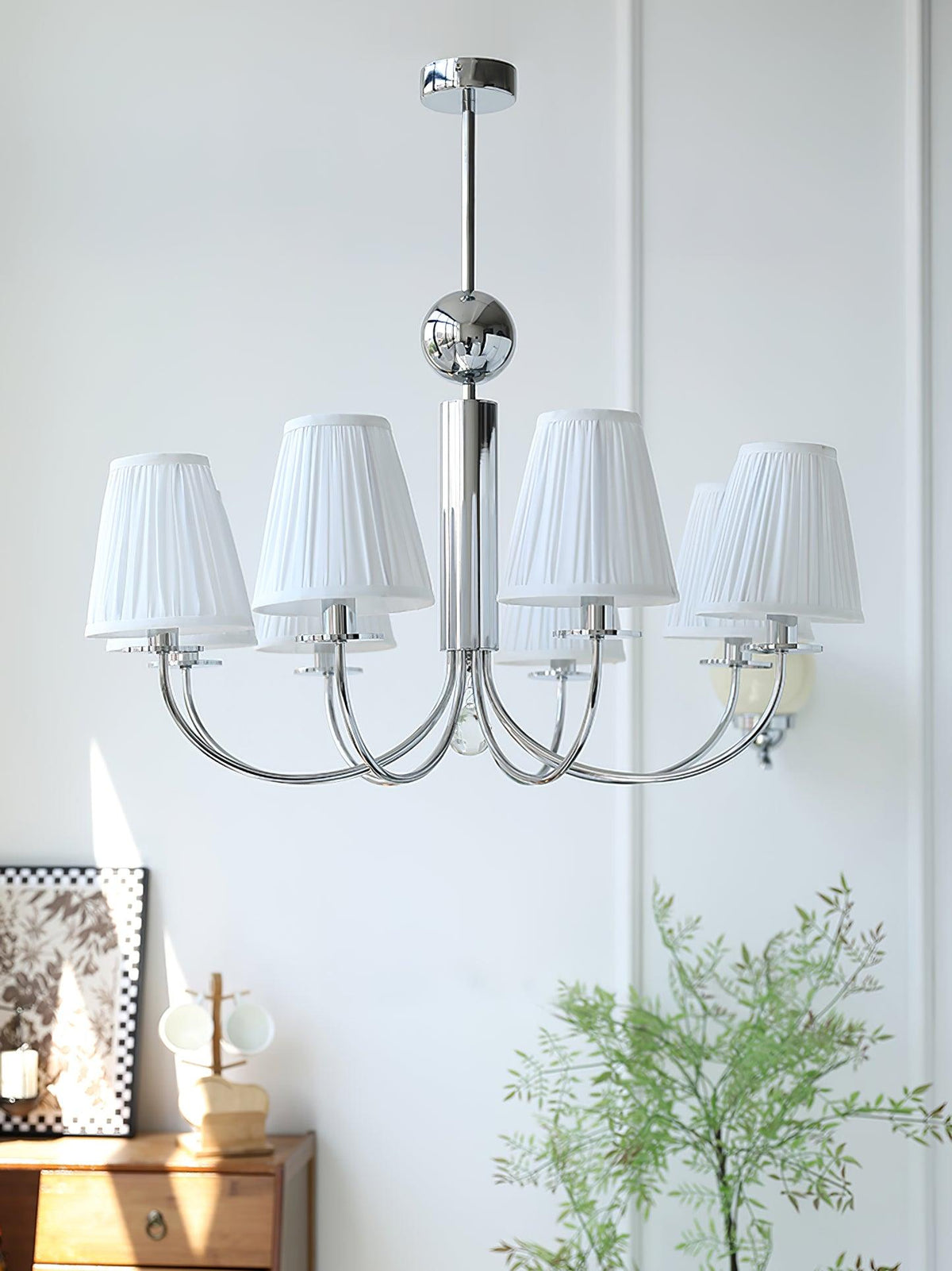 Simplicity Chrome Chandelier – Modern Candelabra Ceiling Light with Pleated Shades