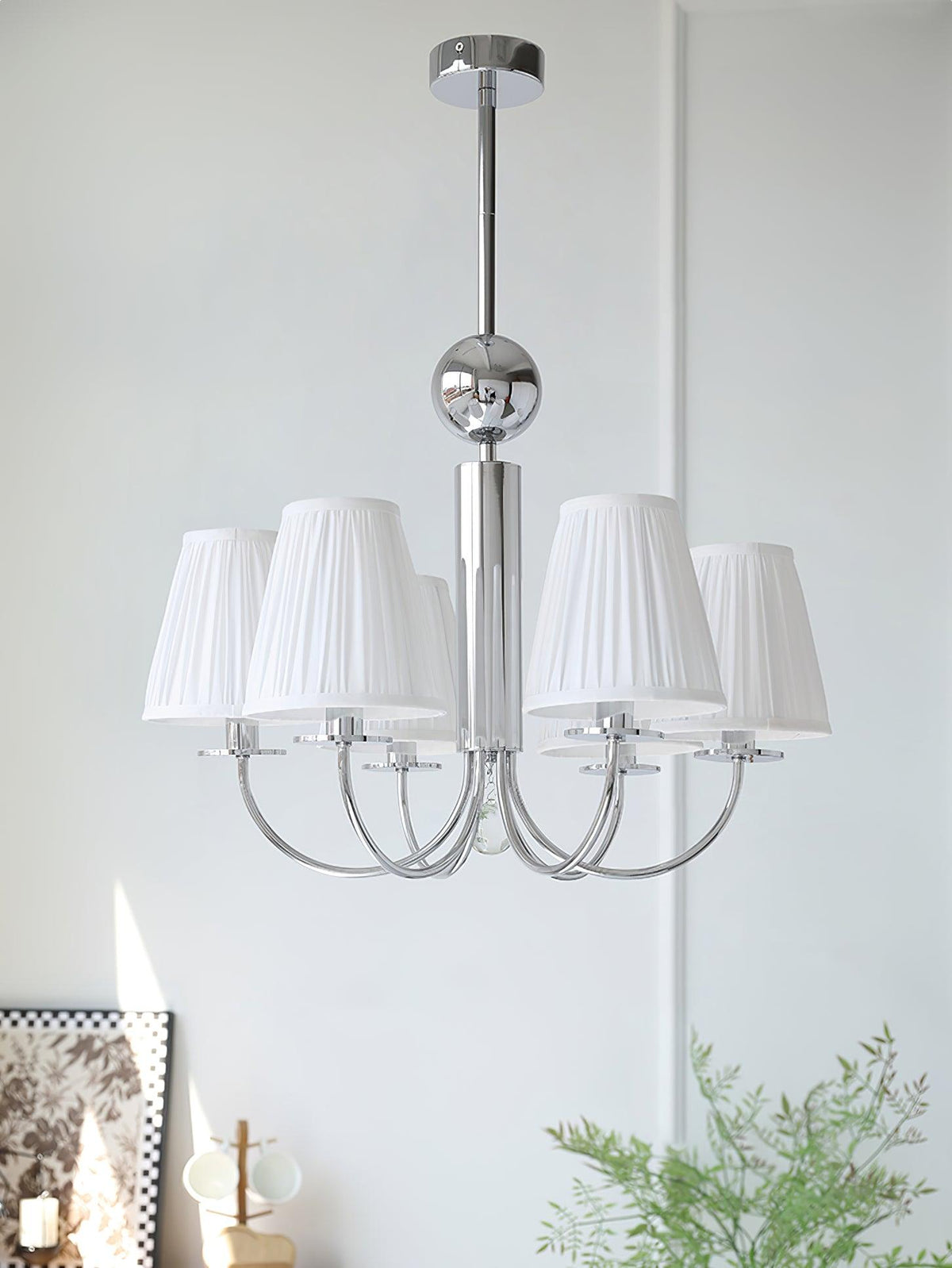 Simplicity Chrome Chandelier – Modern Candelabra Ceiling Light with Pleated Shades
