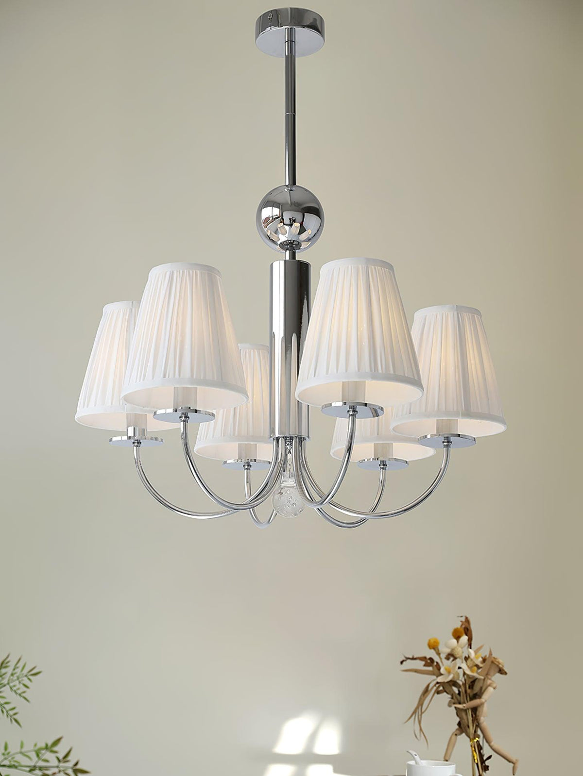Simplicity Chrome Chandelier – Modern Candelabra Ceiling Light with Pleated Shades