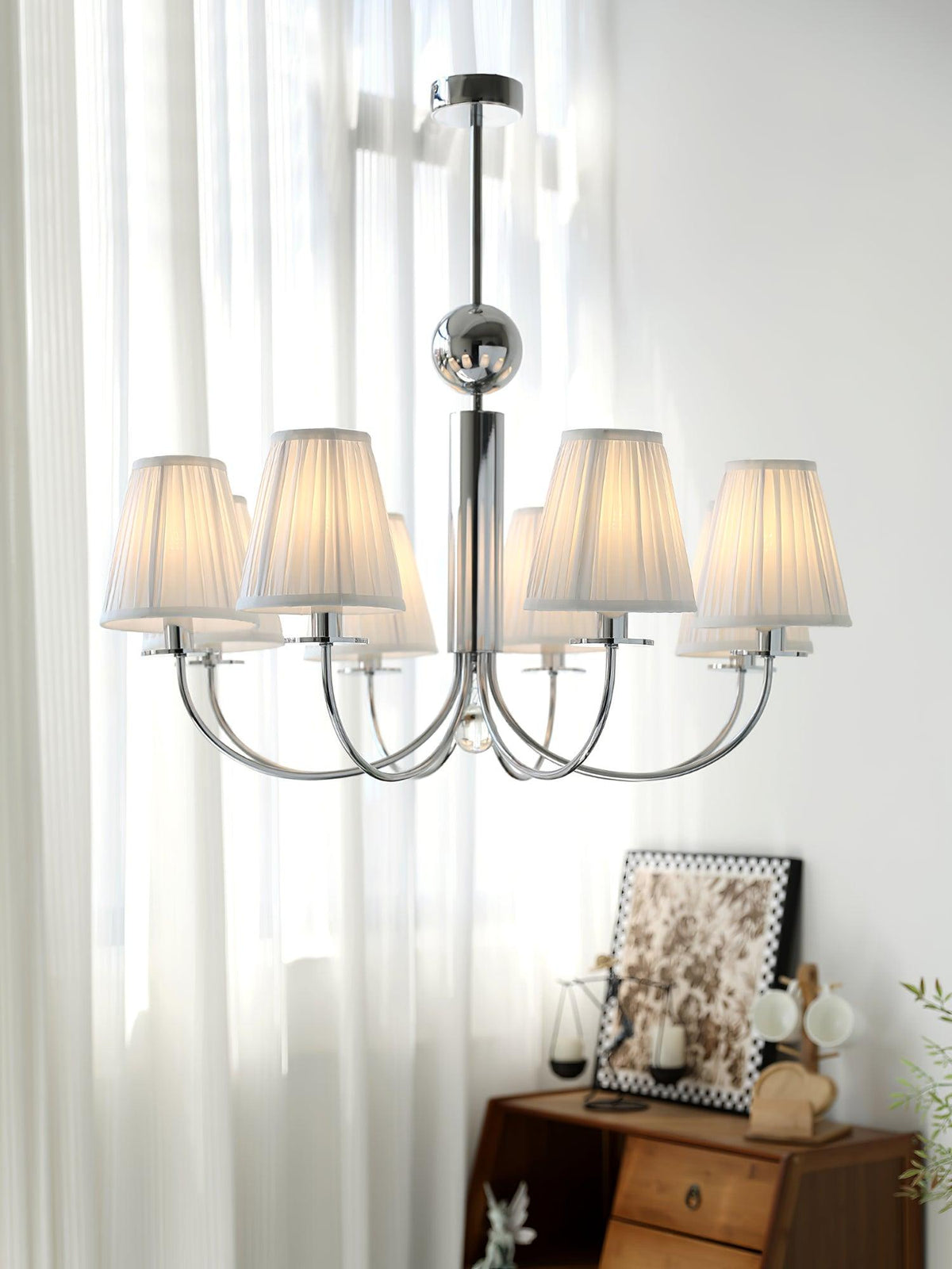 Simplicity Chrome Chandelier – Modern Candelabra Ceiling Light with Pleated Shades