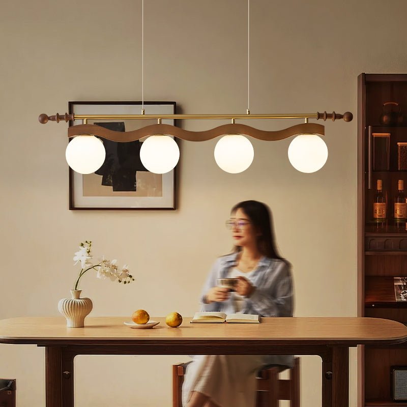 Sinuara Ribbon Globe Linear Chandelier – Modern Wood & Glass Pendant Light