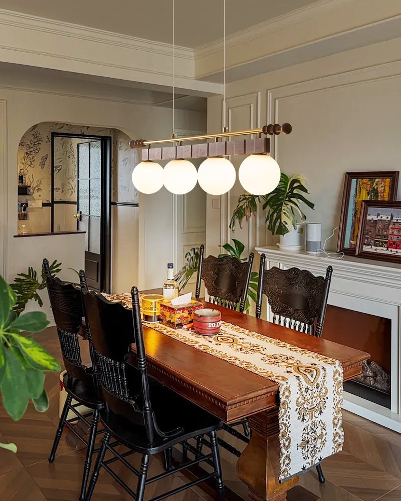 Sinuara Ribbon Globe Linear Chandelier – Modern Wood & Glass Pendant Light