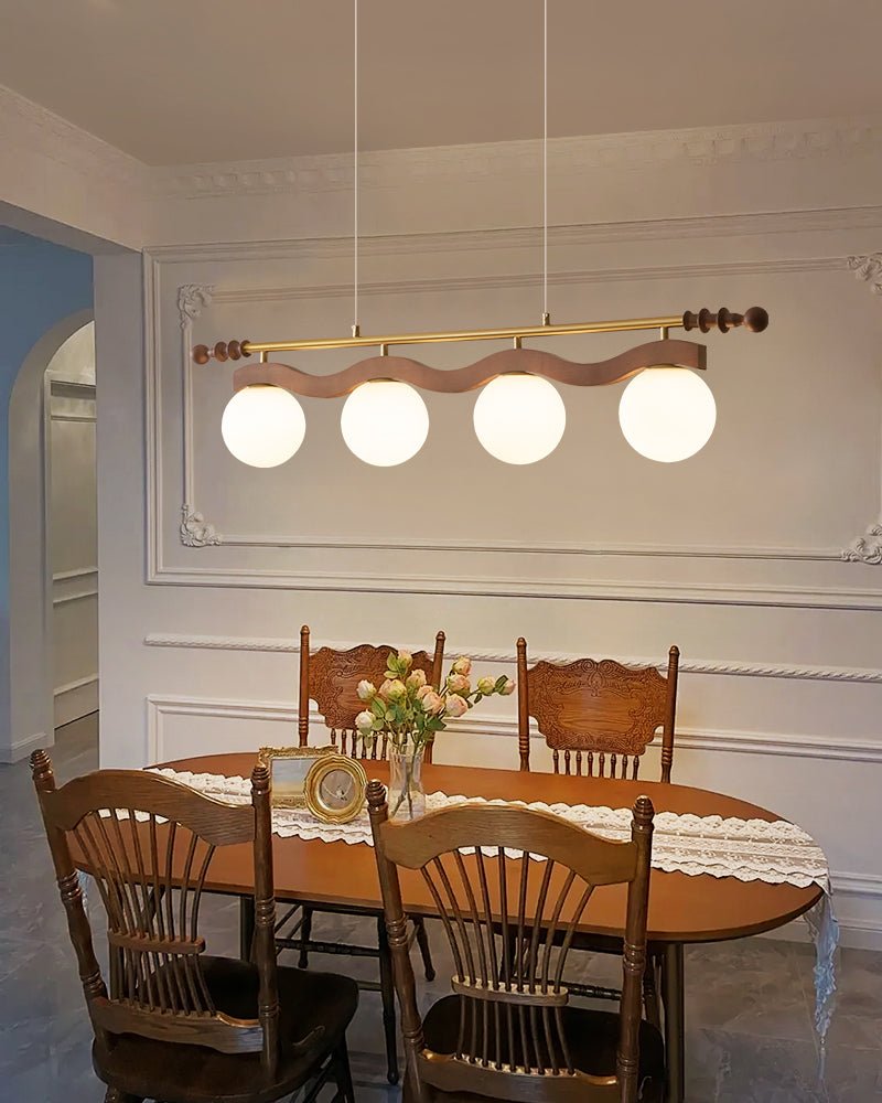 Sinuara Ribbon Globe Linear Chandelier – Modern Wood & Glass Pendant Light
