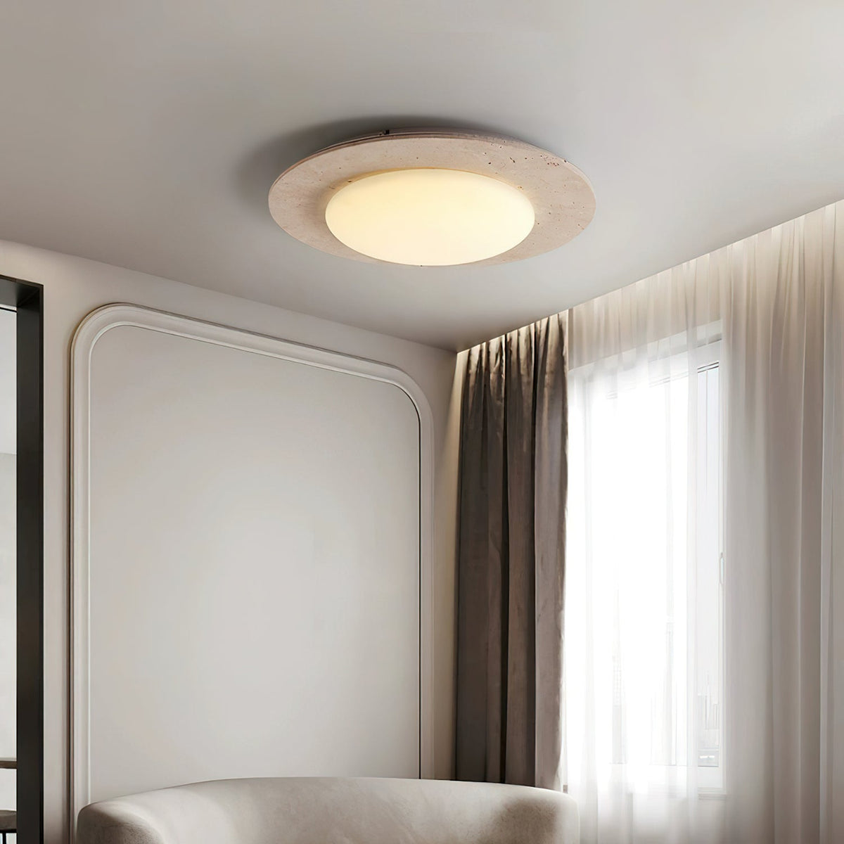 Sky Dome Ceiling Light in Yellow Travertine and Solid Wood