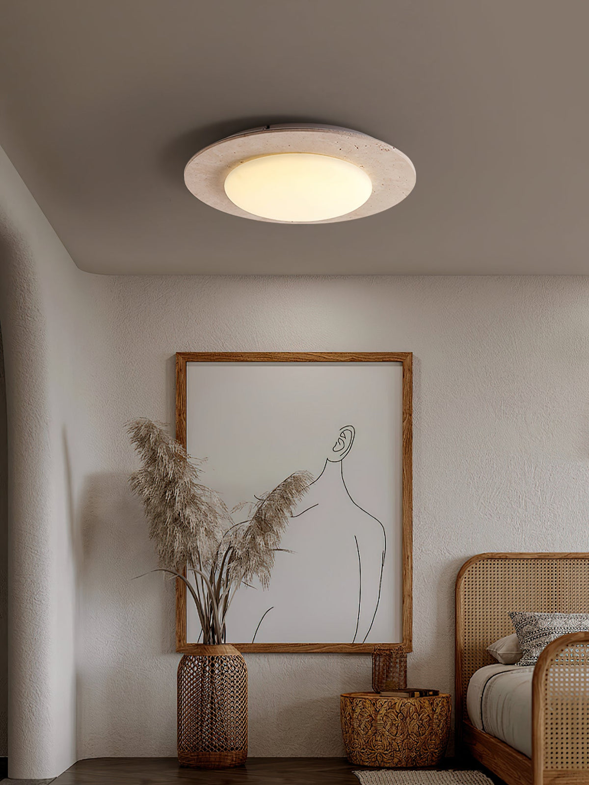 Sky Dome Ceiling Light in Yellow Travertine and Solid Wood