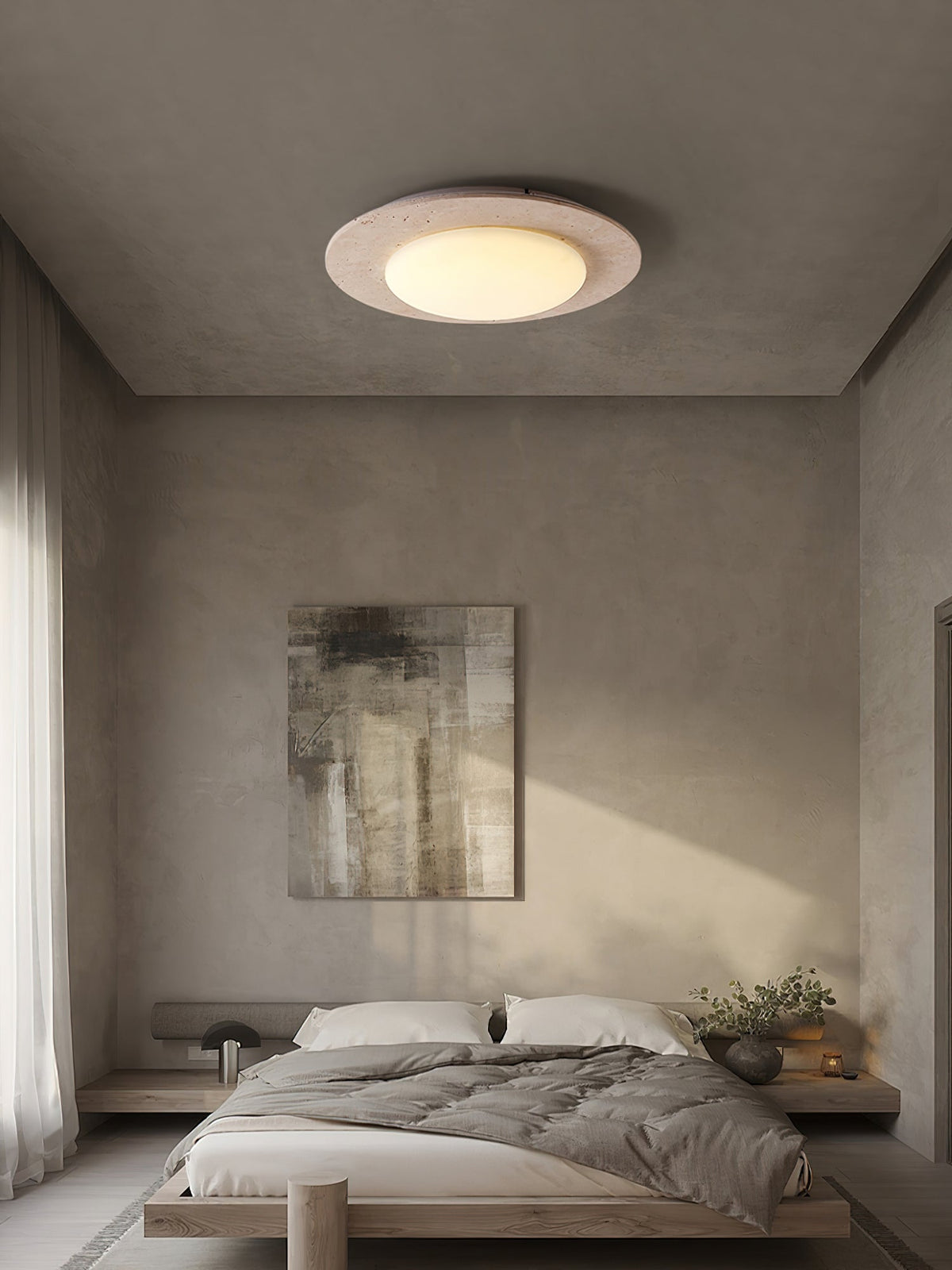 Sky Dome Ceiling Light in Yellow Travertine and Solid Wood