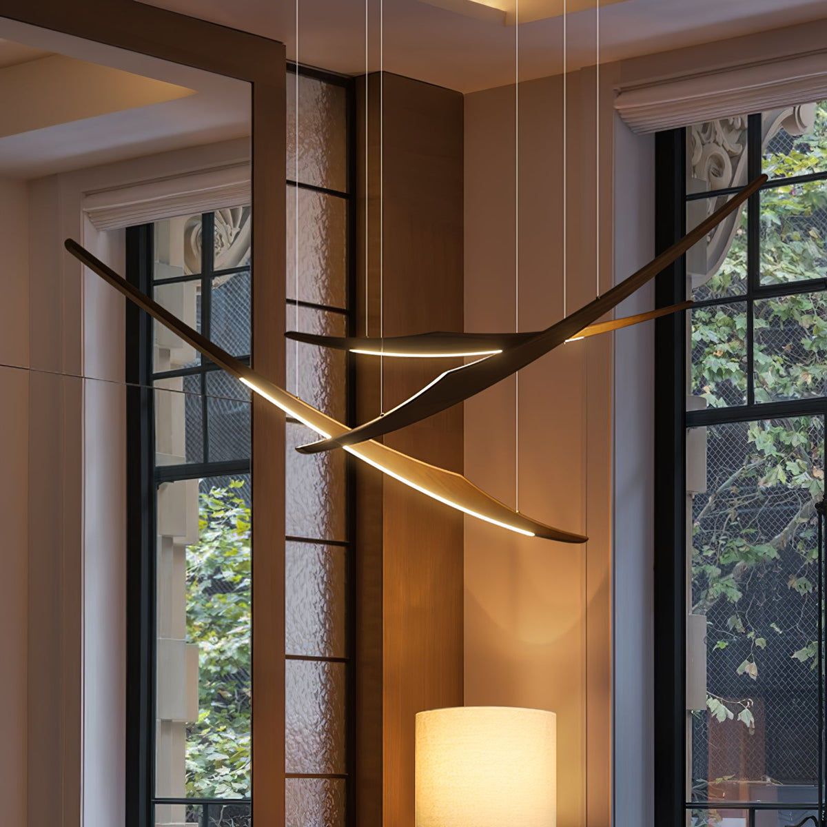 Skytrace Sculptural Wood LED Pendant Light, Modern Linear Chandelier