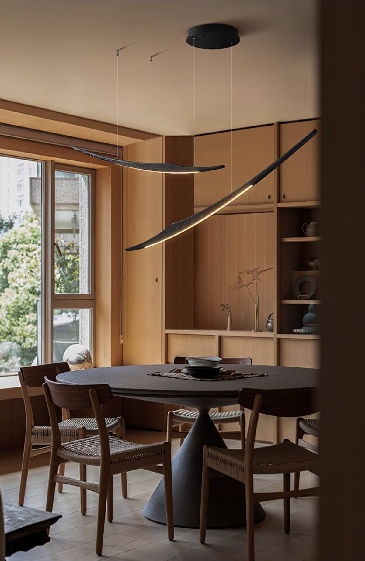 Skytrace Sculptural Wood LED Pendant Light, Modern Linear Chandelier