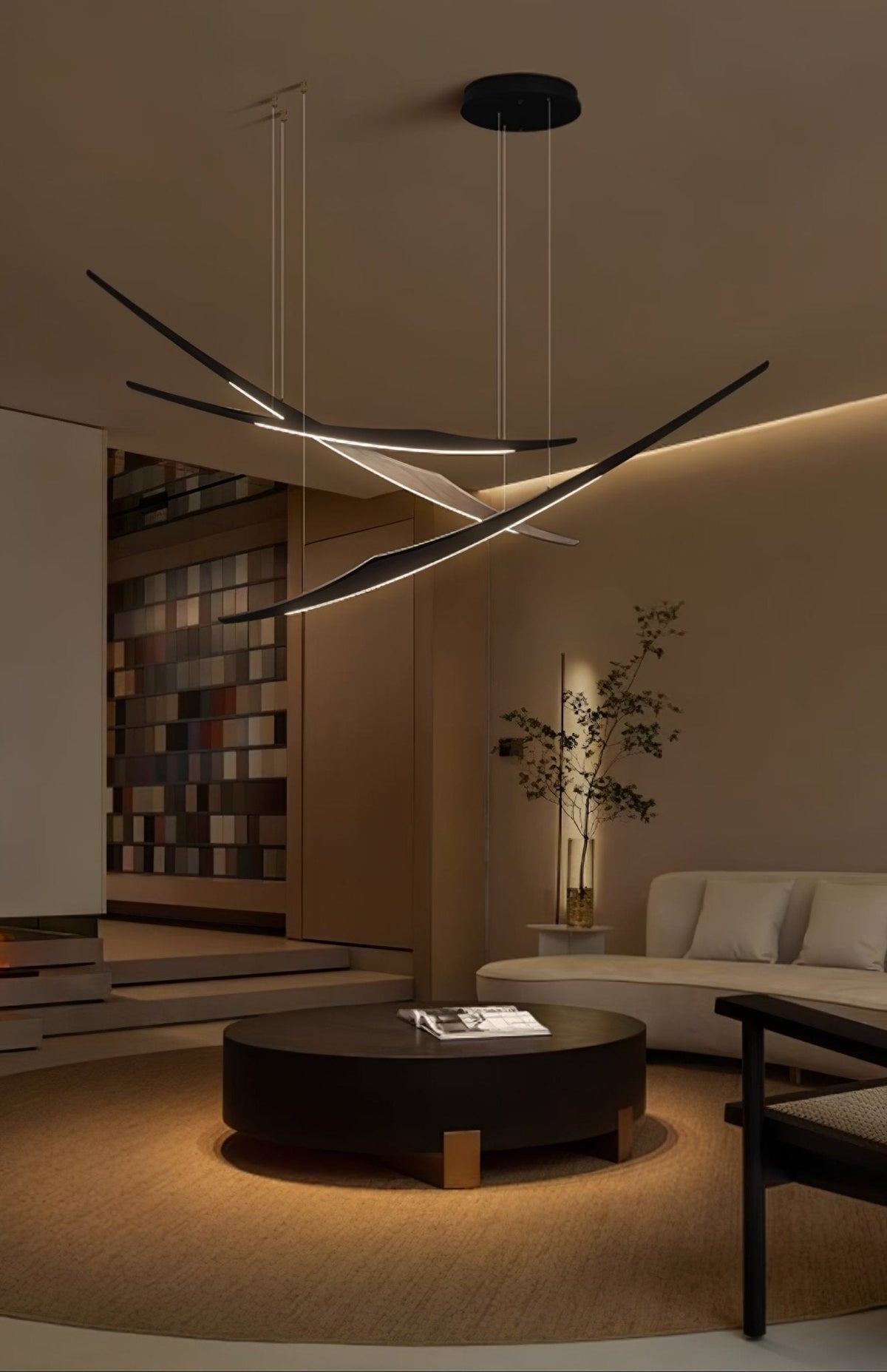 Skytrace Sculptural Wood LED Pendant Light, Modern Linear Chandelier