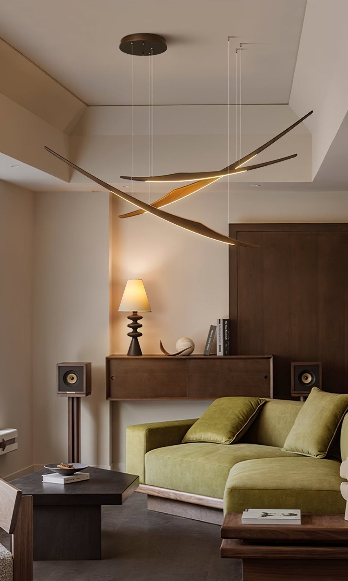 Skytrace Sculptural Wood LED Pendant Light, Modern Linear Chandelier