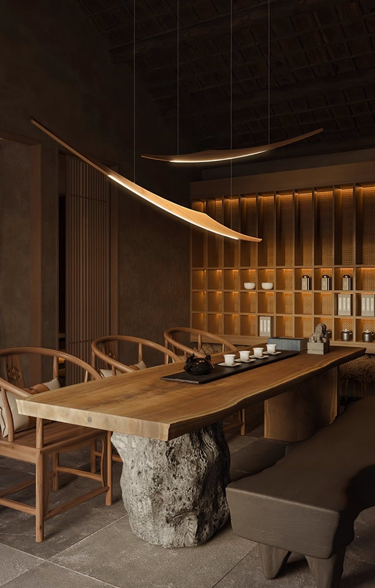 Skytrace Sculptural Wood LED Pendant Light, Modern Linear Chandelier