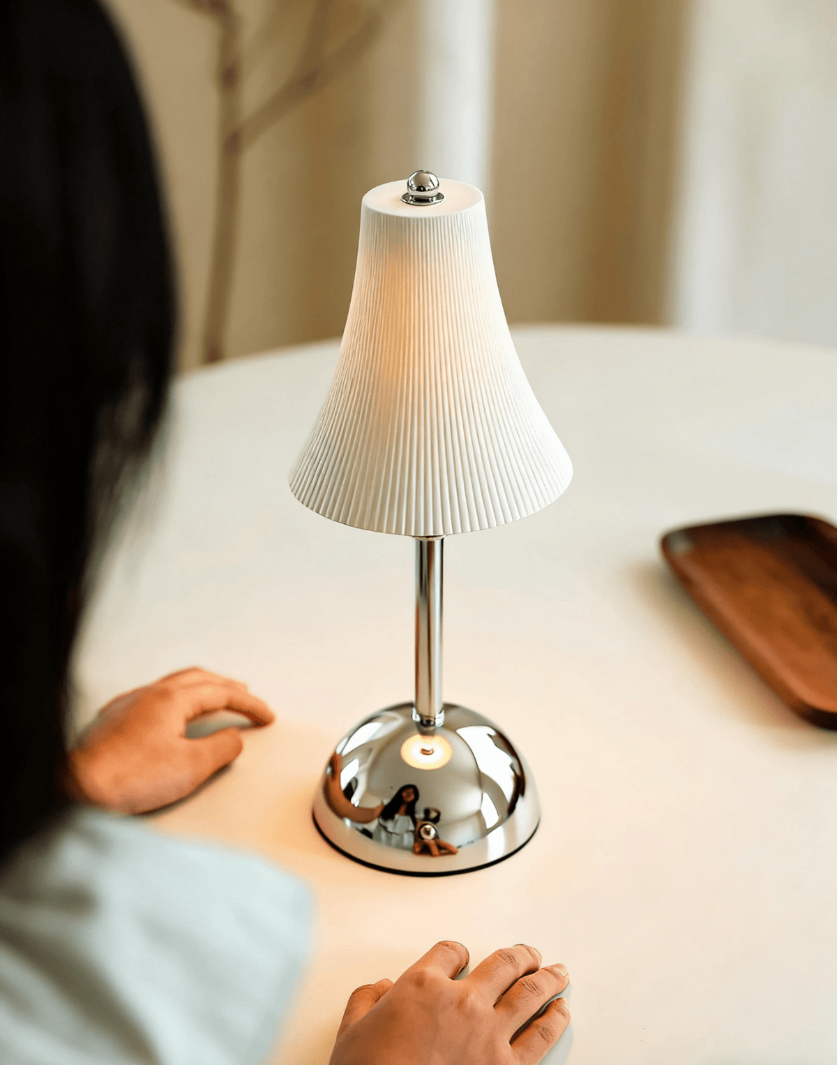 Slim Waist Table Lamp – Modern Chrome & Pleated Shade