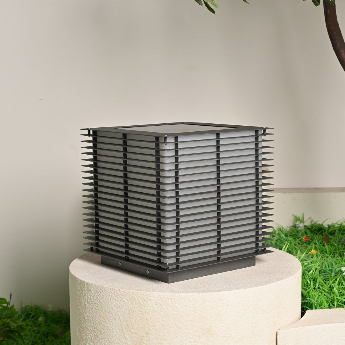 Solar Grid Outdoor Lantern – Modern Architectural LED Post Light