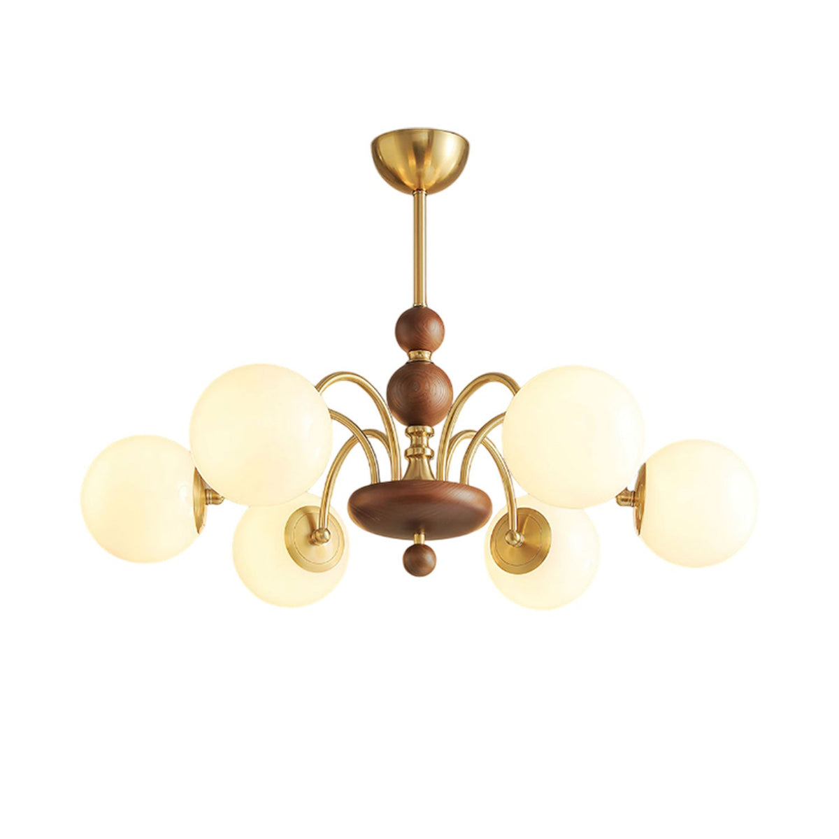 Solara Globe Chandelier – Mid-Century Modern Wood & Brass Pendant Light