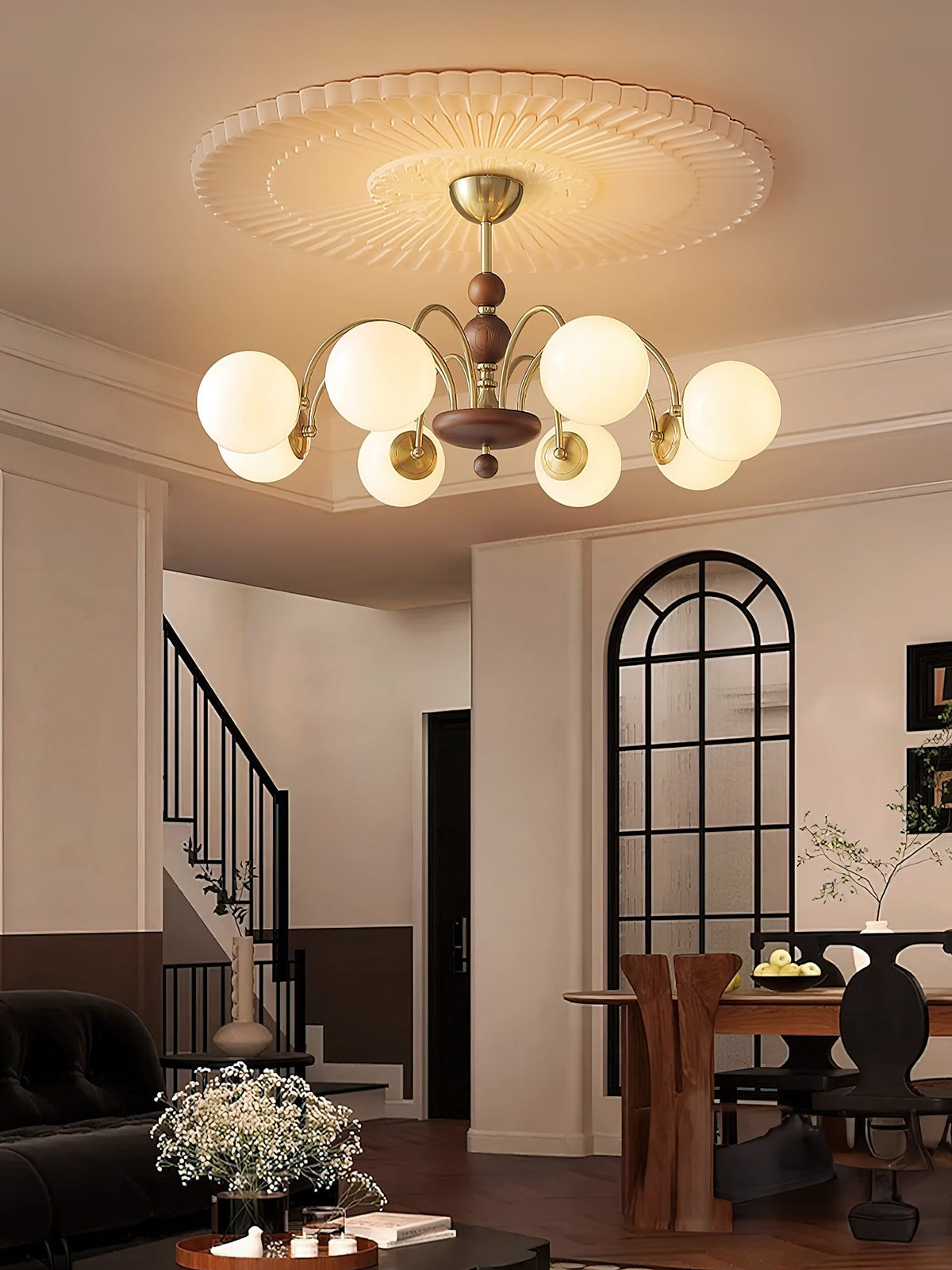 Solara Globe Chandelier – Mid-Century Modern Wood & Brass Pendant Light
