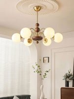 Solara Globe Chandelier – Mid-Century Modern Wood & Brass Pendant Light