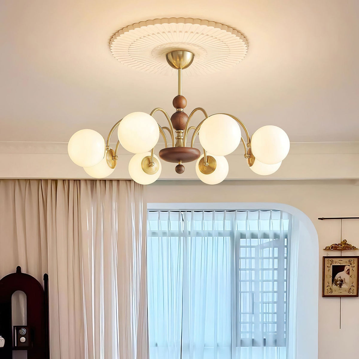 Solara Globe Chandelier – Mid-Century Modern Wood & Brass Pendant Light