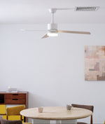 Solara Drift Ceiling Fan with Integrated LED Light in Natural Wood and White