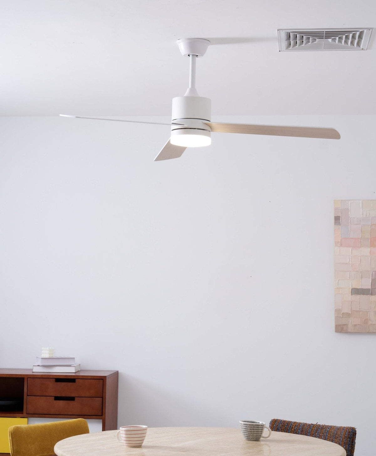 Solara Drift Ceiling Fan with Integrated LED Light in Natural Wood and White