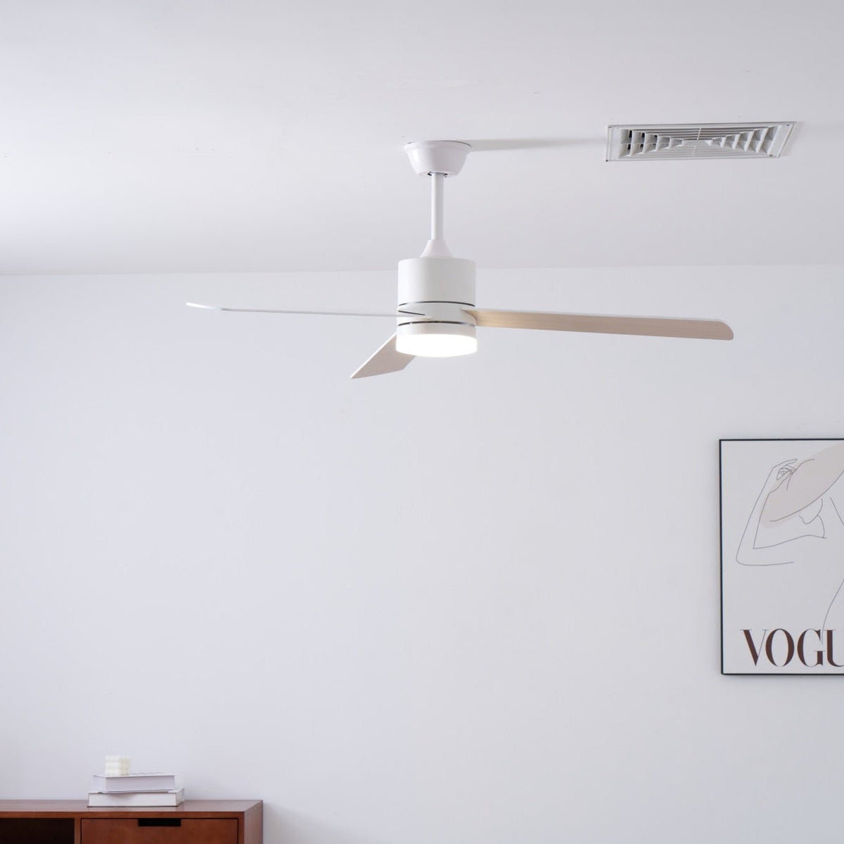Solara Drift Ceiling Fan with Integrated LED Light in Natural Wood and White