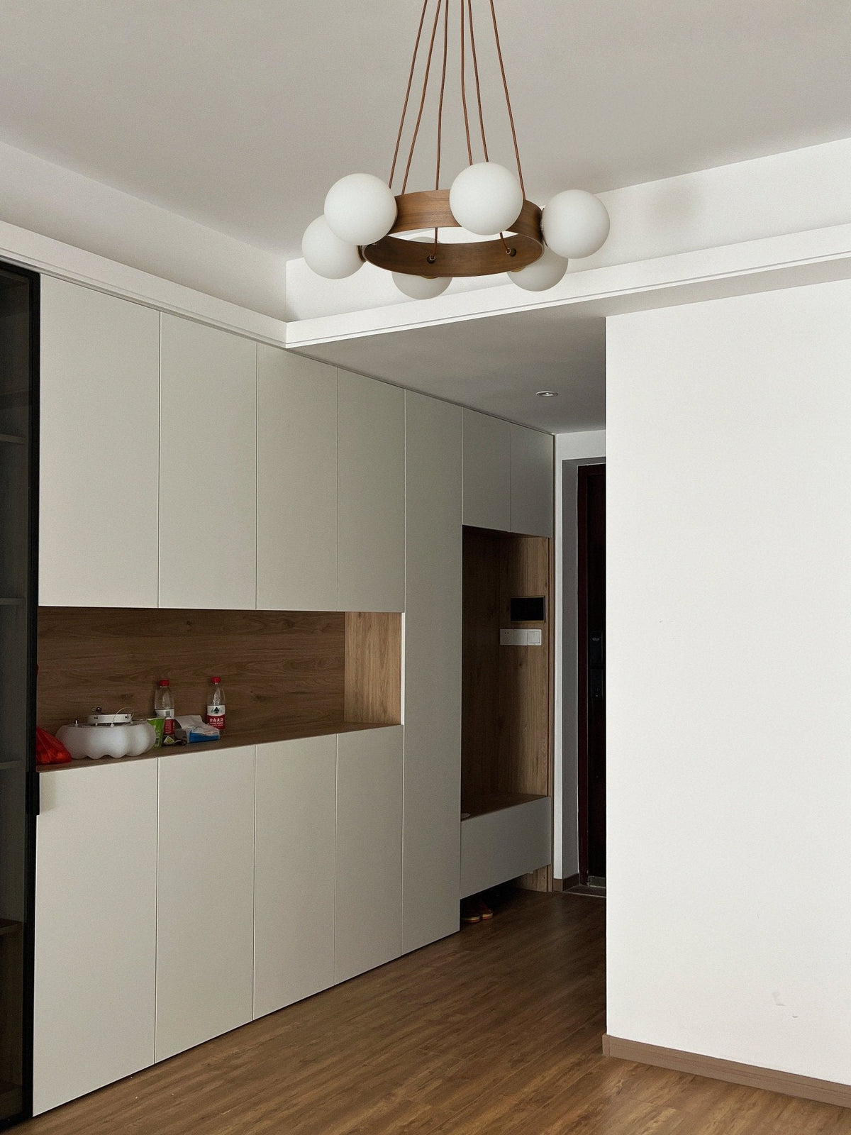 Solara Ring Chandelier with Wood Accents and Glass Globes