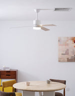 Solara Drift Ceiling Fan with Integrated LED Light in Natural Wood and White