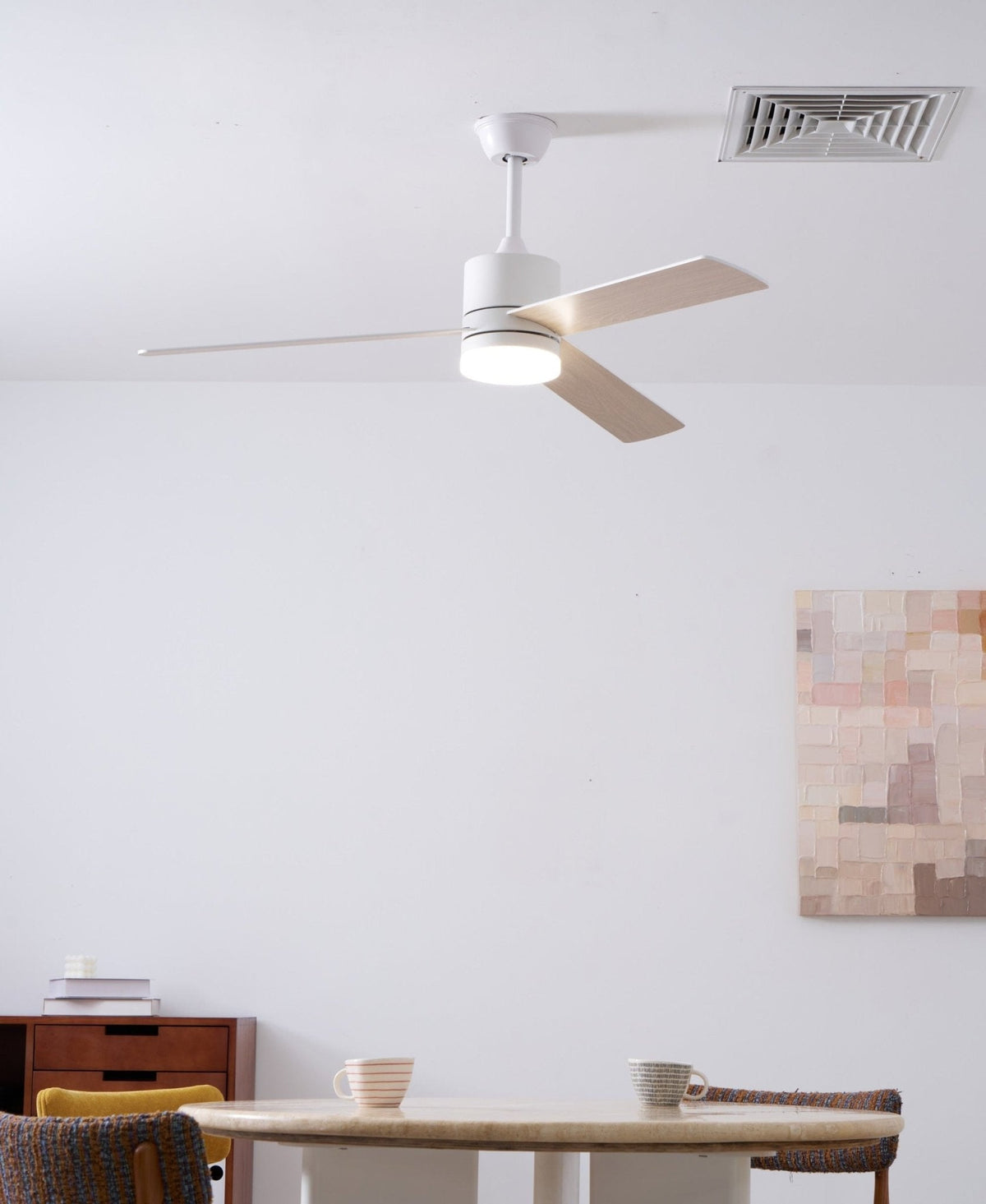 Solara Drift Ceiling Fan with Integrated LED Light in Natural Wood and White
