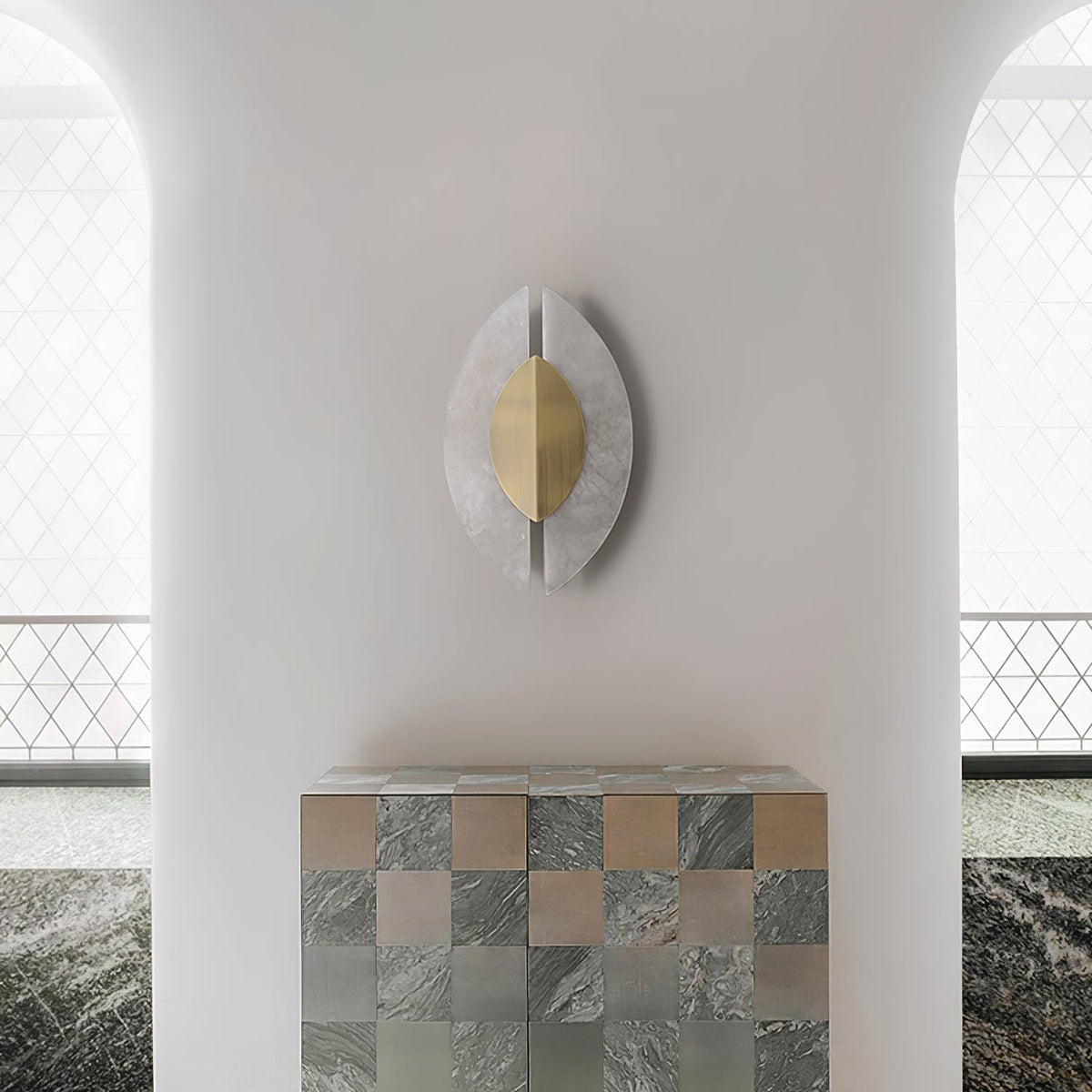 Solari Alabaster Leaf Wall Sconce in Brass and White Alabaster