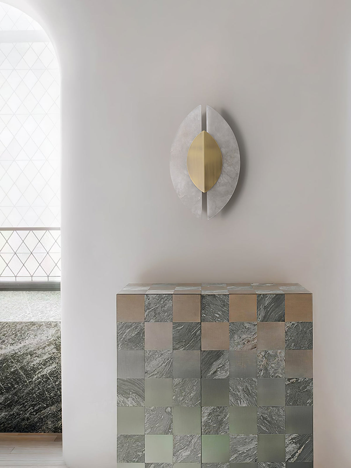 Solari Alabaster Leaf Wall Sconce in Brass and White Alabaster