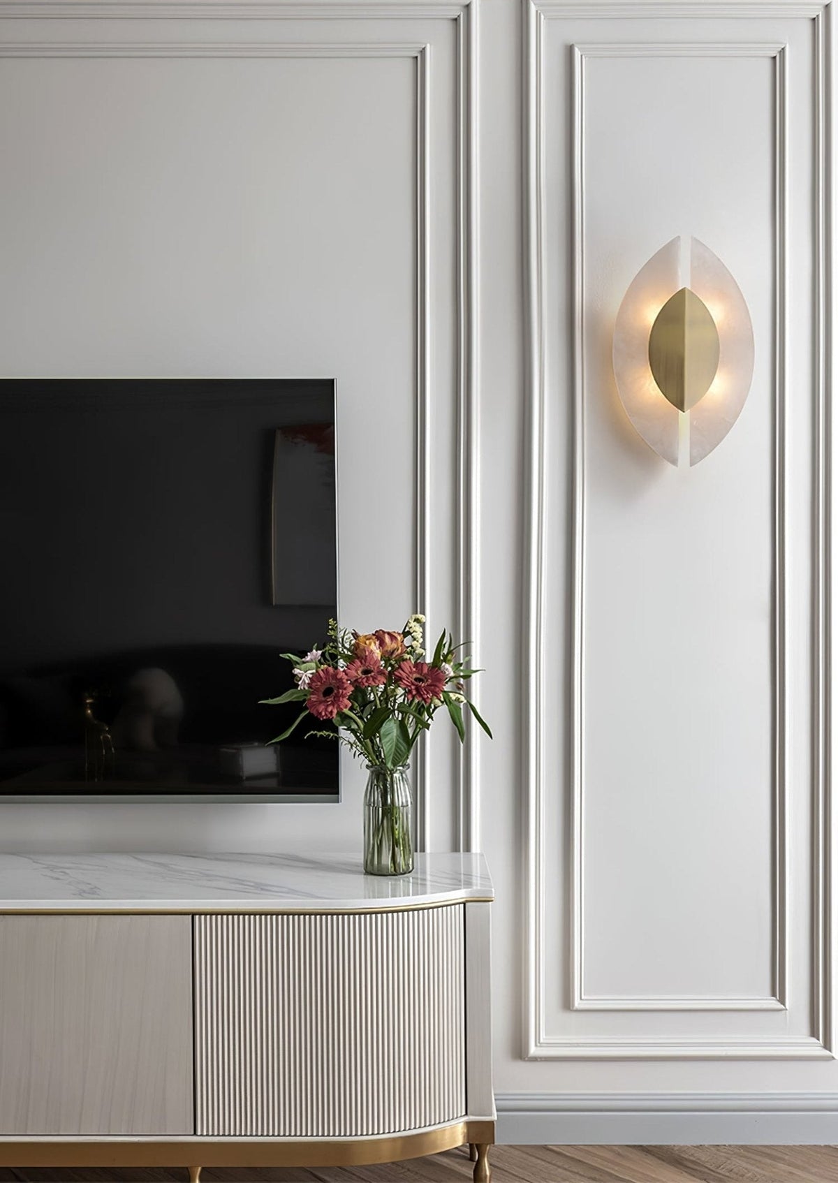Solari Alabaster Leaf Wall Sconce in Brass and White Alabaster