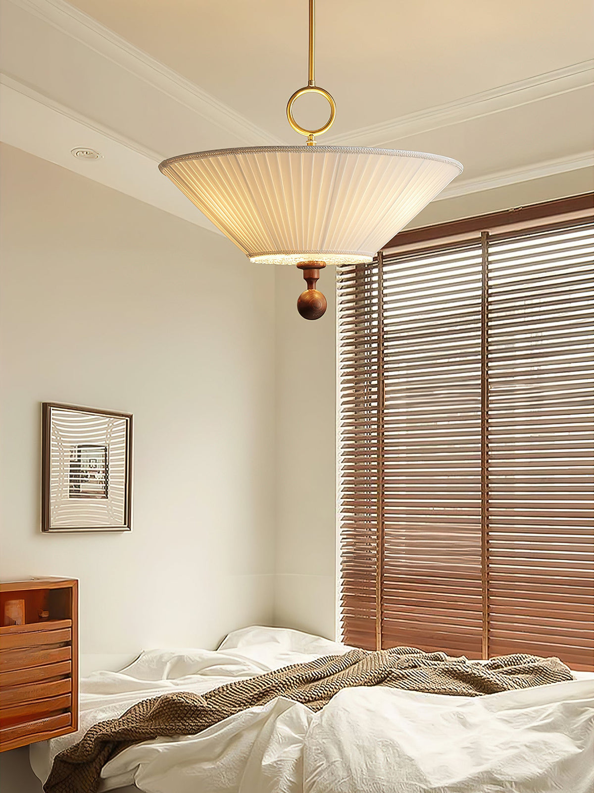 Solaria Pleated Fabric Pendant Light in Gold and Walnut for Dining and Living Spaces