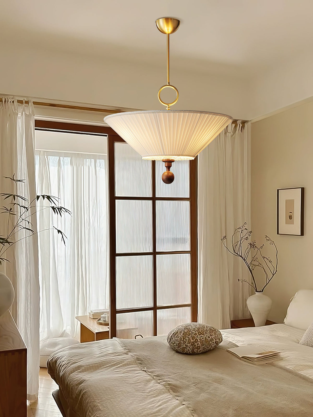 Solaria Pleated Fabric Pendant Light in Gold and Walnut for Dining and Living Spaces