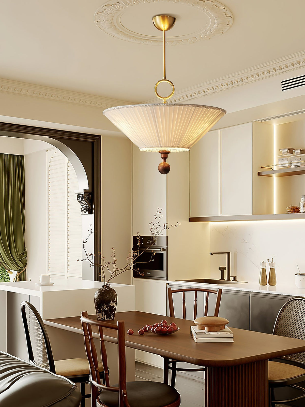 Solaria Pleated Fabric Pendant Light in Gold and Walnut for Dining and Living Spaces