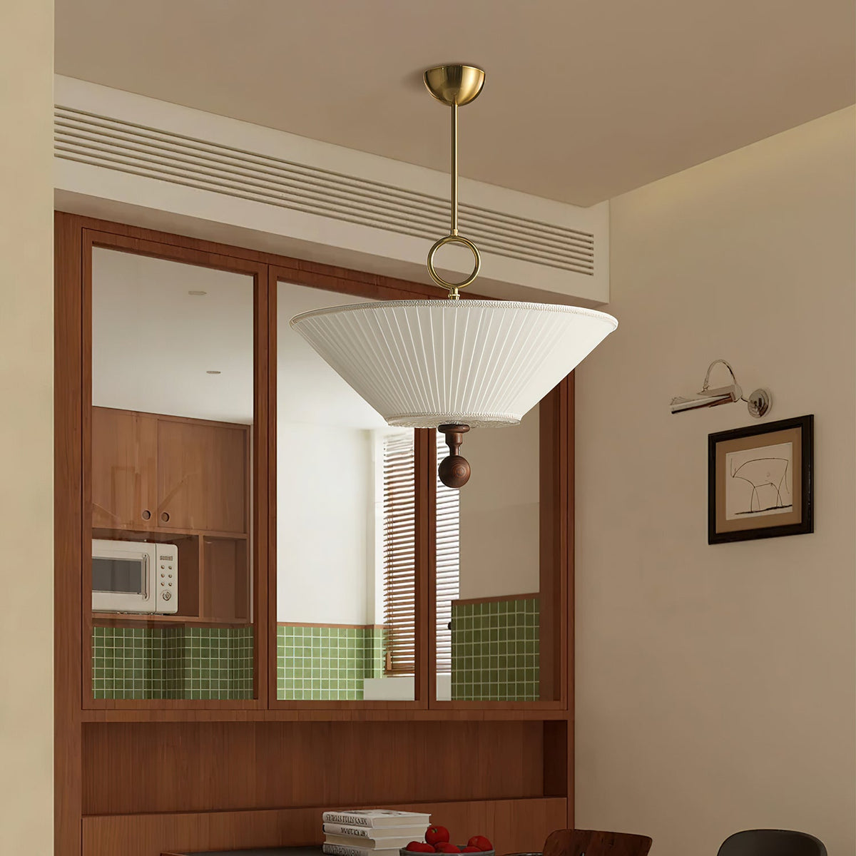 Solaria Pleated Fabric Pendant Light in Gold and Walnut for Dining and Living Spaces
