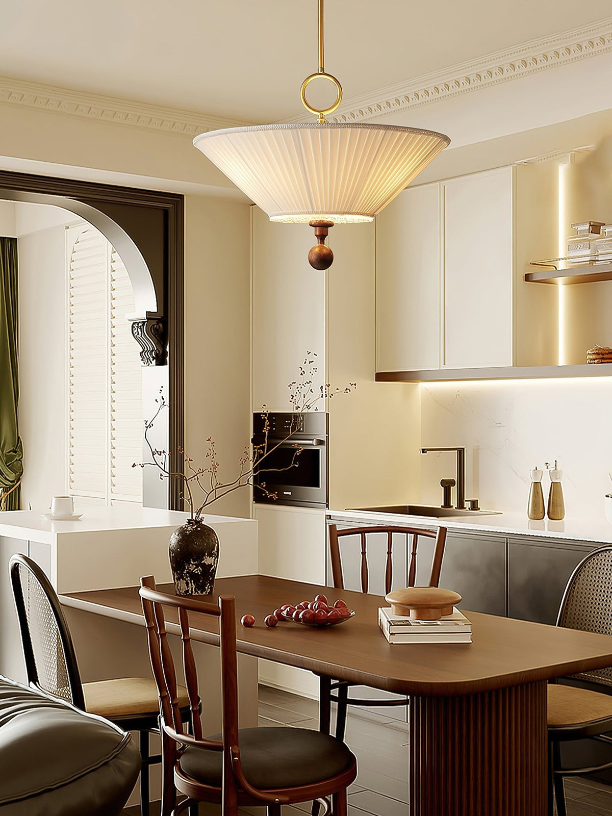 Solaria Pleated Fabric Pendant Light in Gold and Walnut for Dining and Living Spaces