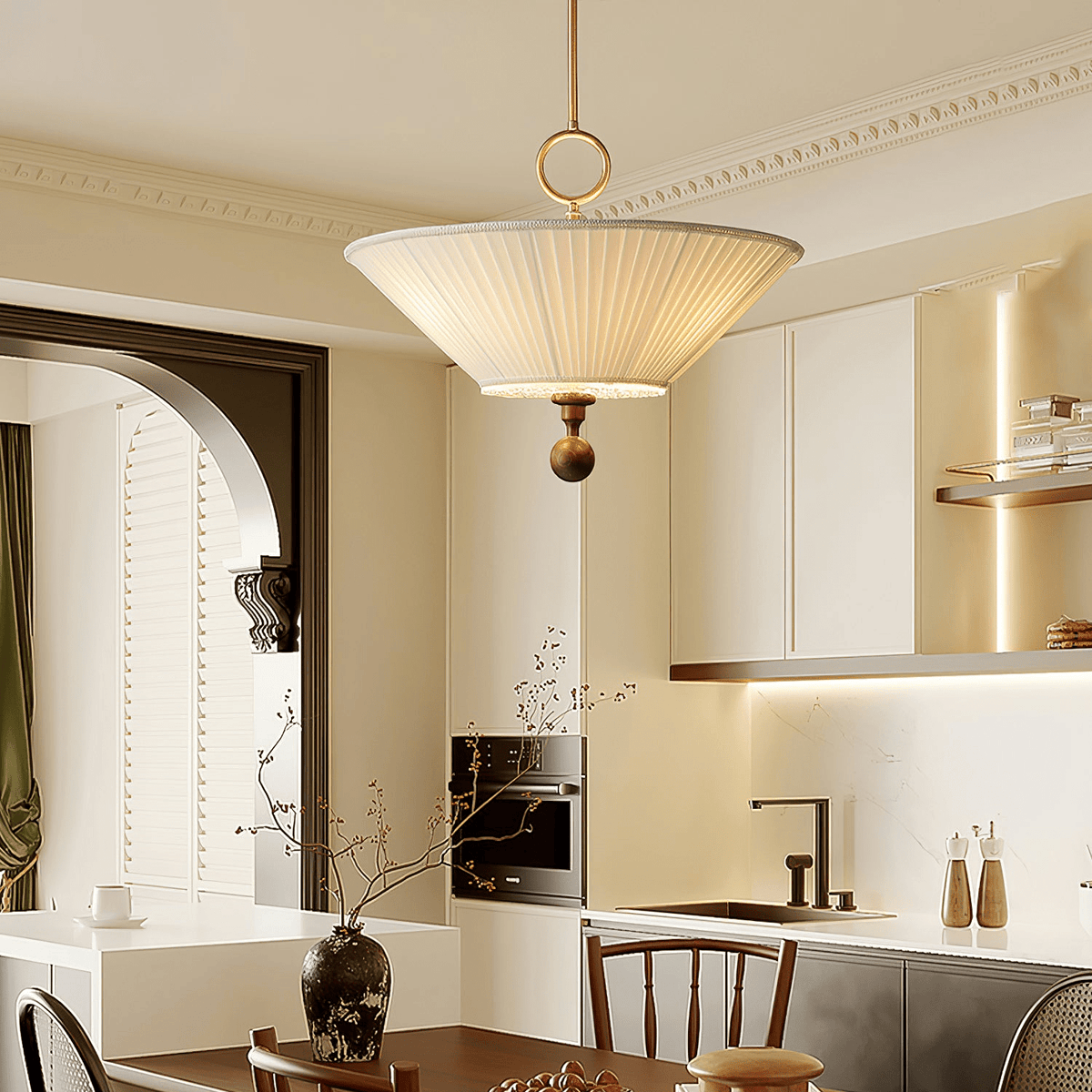 Solaria Pleated Fabric Pendant Light in Gold and Walnut for Dining and Living Spaces
